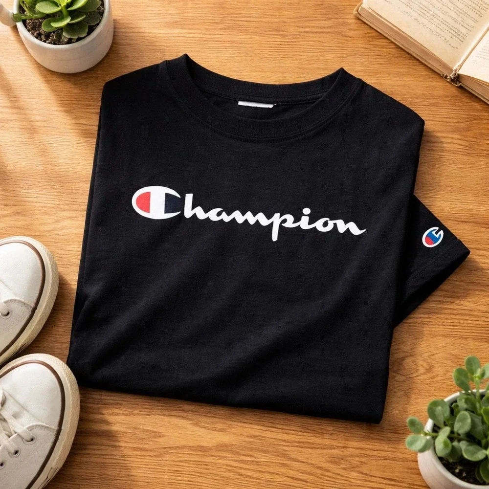 Champion Script Tee Black 90s Vintage Streetwear Classic Logo Men's Small - Picture 4 of 4